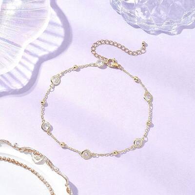 304 Stainless Steel & Brass Clear Cubic Zirconia Chain Anklets for Women