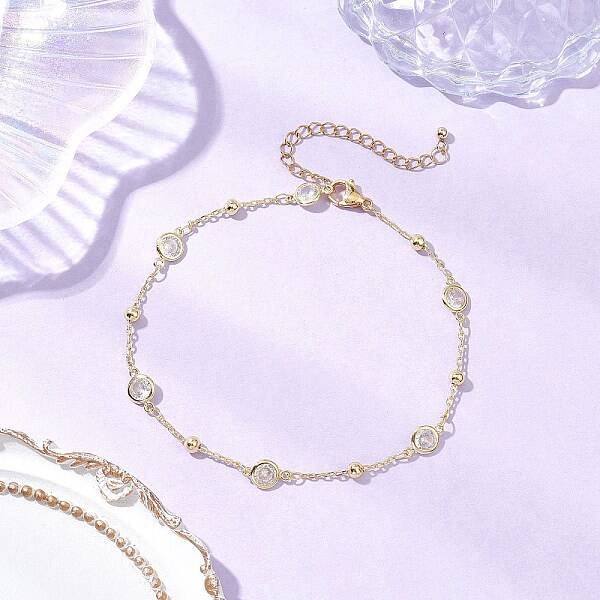 304 Stainless Steel & Brass Clear Cubic Zirconia Chain Anklets for Women