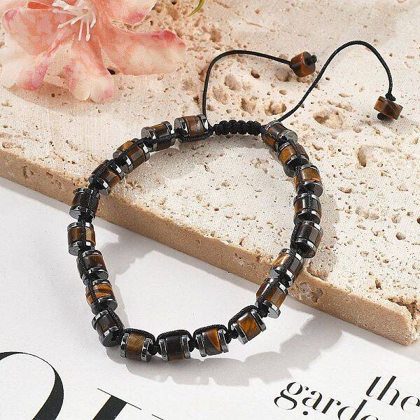 Adjustable Natural Tiger Eye and Non-magnetic Synthetic Hematite Braided Bead Bracelets