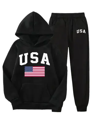 Boy's Letter Print Hoodie & Sweatpants Two-piece Set, Casual Sporty Long Sleeve Hooded Sweatshirt & Jogger Pants for Daily We...