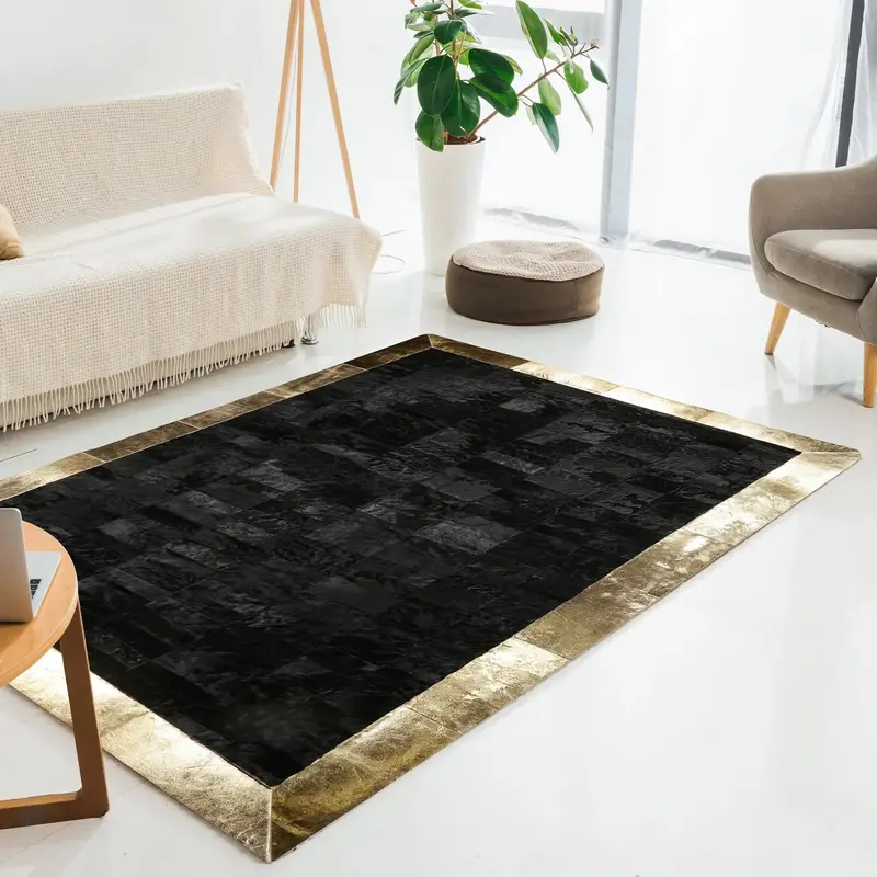 Black Genuine Cowhide Rug with Gold Border