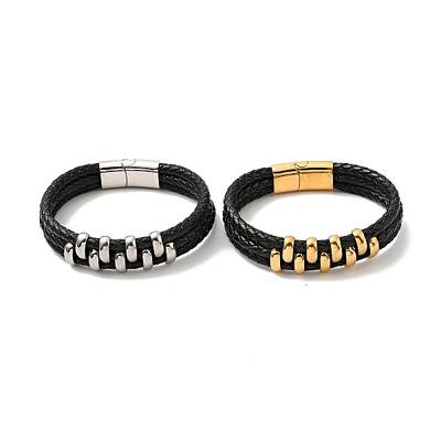 Leather Braided Triple Loops Multi-strand Bracelet with 304 Stainless Steel Magnetic Clasp for Men Women