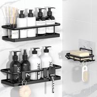 Black Wall-Mounted Shower Holder, 3/5 Pack, No Drill Bathroom Shower Organizers, with Removable Hooks, Rust Proof Shower Shel...