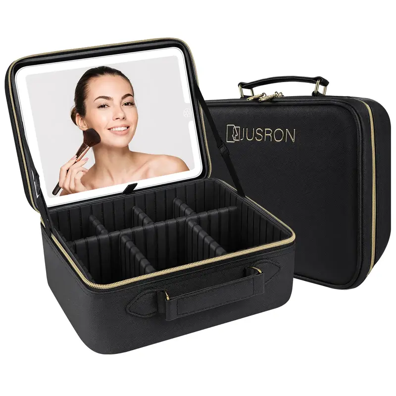 JUSRON Travel Makeup Bag Cosmetic Bag Makeup Organizer Bag with Lighted Mirror 3 Color Scenarios Adjustable Brightness