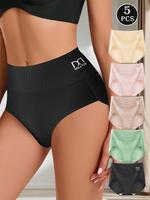 5 Pieces Ladies' Solid Color High-waist Panties, Cotton Breathable Comfort Briefs Set, Lightweight Perfect Fit for Womenswear...