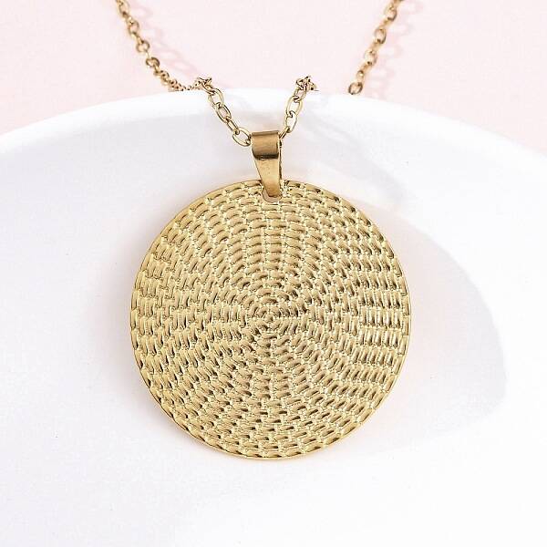 Flat Round 304 Stainless Steel Pendant Necklaces