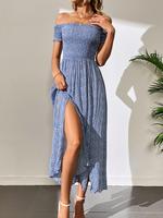 Women's Ditsy Floral Print Split Thigh A-line Vintage Fitted Dress, Elegant Regular Fit Boho Off Shoulder Shirred Long Dresse...
