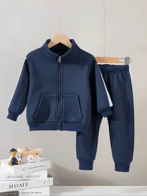 2-piece Boys' Fashion Set Autumn/winter Fleece-lined Long-sleeved Jacket and Trousers Casual Infant Color-block Zip-up Jacket...