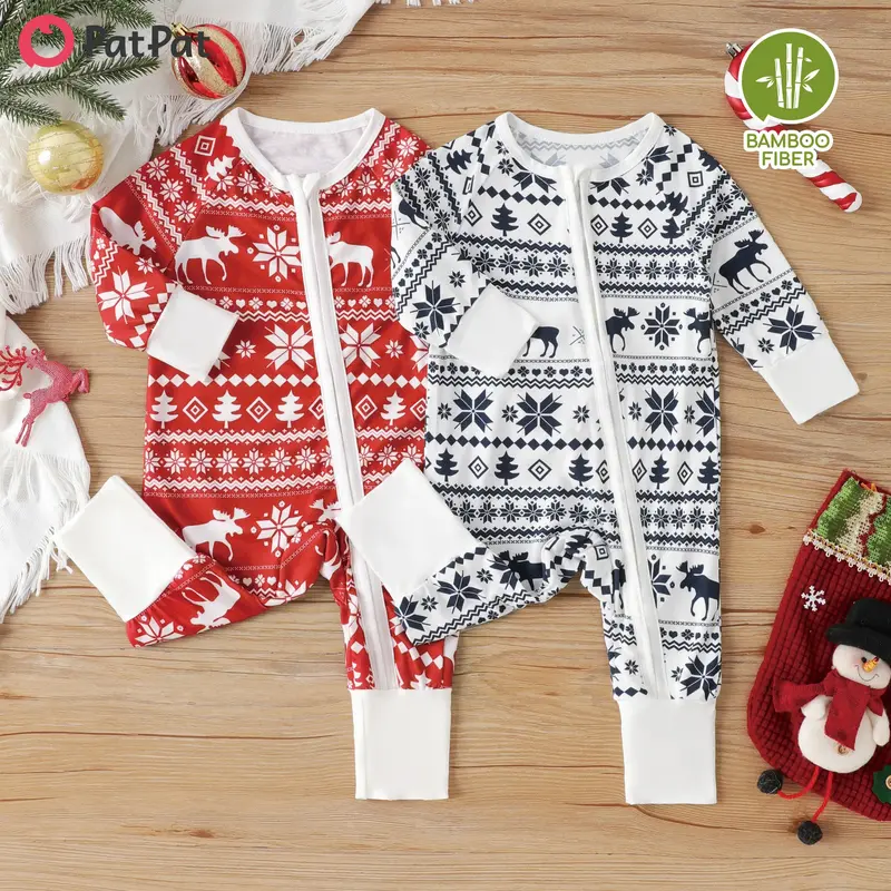 PatPat Baby Boy/Girl Bamboo Fiber Christmas Soft & Stretchy Festive Fair Isle Prints Zip-Up Long-Sleeve Jumpsuit,Cute Jumpsui...