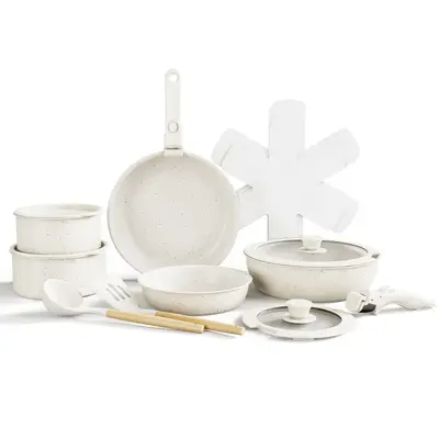 Bazova 17-Pcs Nonstick Pots and Pans Set with Removable Handles, Cream White Ceramic Cookware Sets, Stain & Scratch-resistant...