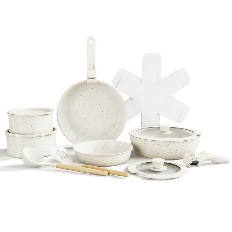 Bazova 17-Pcs Nonstick Pots and Pans Set with Removable Handles, Cream White Ceramic Cookware Sets, Stain & Scratch-resistant...