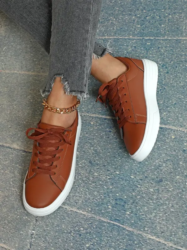Women's Fashion Plain PU Leather Low Top Sneakers, Daily Outdoor Casual Versatile Sports Walking Shoes