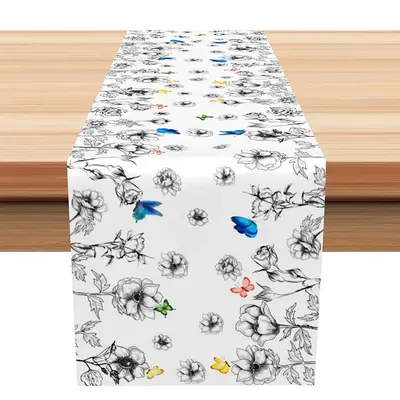 Black White Floral Coloral Butterflu Table Runner - Aperturee