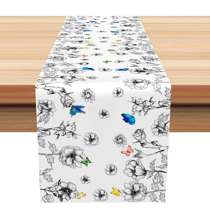 Black White Floral Coloral Butterflu Table Runner - Aperturee