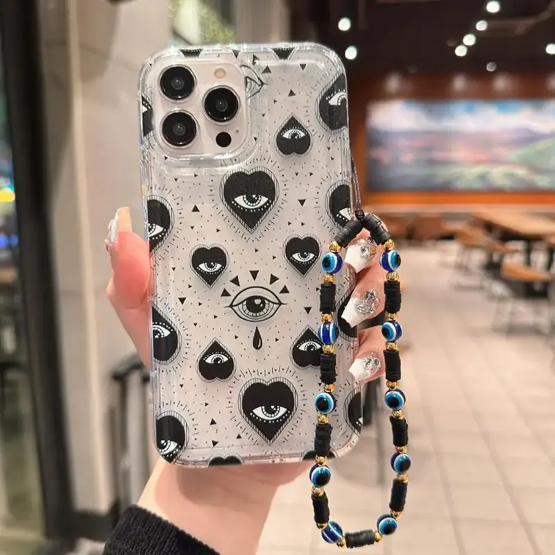 Creative Heart & Eye Pattern Phone Case with Beaded Lanyard, Full Body Shockproof Phone Cases, Phone Protective Cover, Fashio...