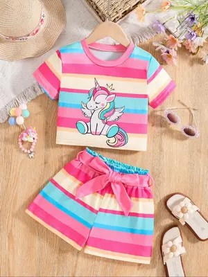 Girl's Unicorn Print Short Sleeve Tee & Striped Print Shorts & Belt Set, Cute Casual Summer Outfits Set for Little Girls, Kid...
