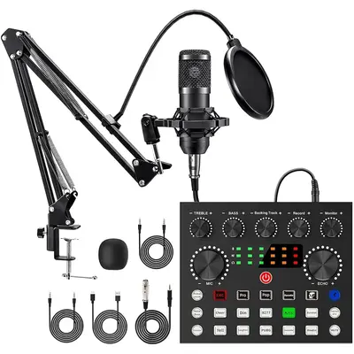 Podcast Equipment Kit, Audio Interface & All-in-One Live Sound Control Device, Sound Card Set, Ideal for Recording, Gaming, S...