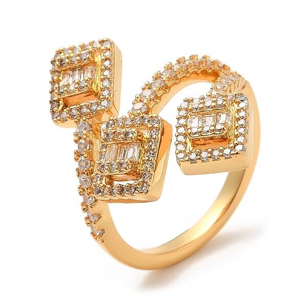 Rack Plating Brass Rectangle Open Cuff Rings with Cubic Zirconia