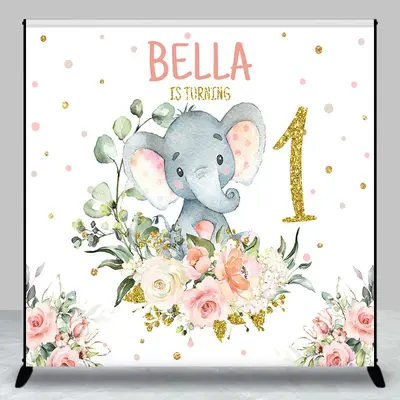 Floral Elephant Custom Name 1st Birthday Backdrop