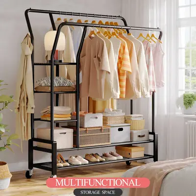 Raybee Furniture Clothing Rack with Shelves &Double Hanging Rods, Portable Clothes Rack with Wheels, Rolling Garment Rack, H...
