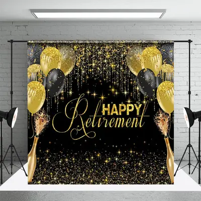 Champagne Black Gold Ballloons Retirement Backdrop - Aperturee