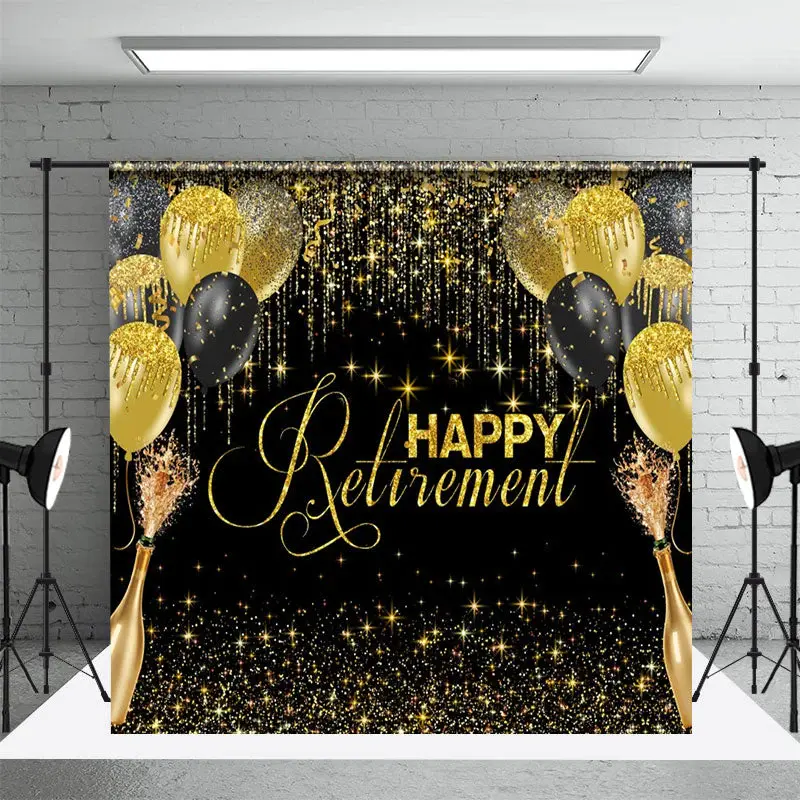 Champagne Black Gold Ballloons Retirement Backdrop - Aperturee