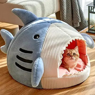 Winter Warm Pet Bed, Spring Shark Design Soft Cat Bed Room Decor, Cute Shark Designed Breathable Dog Bed, Pet Supplies for In...