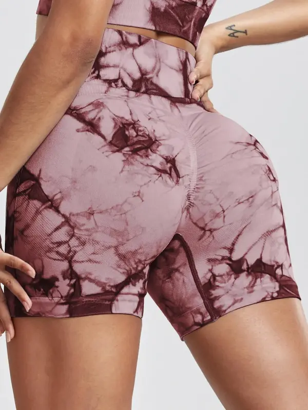 Women's Tie Dye Print High Waist Sports Short Leggings, Summer Outfits 2024, Sporty Stretchy Seamless Skinny Shorts, Clearan...