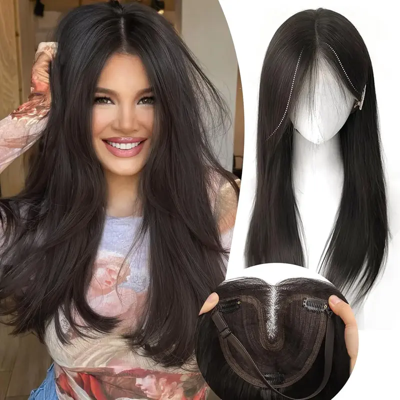 ONLYCUTE Hair Topper 22 inch Slightly layered Hair Extensions Synthetic no wig cap required Large Hair Piece Natural Invisibl...