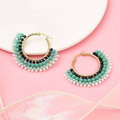 304 Stainless Steel & Bohemian Beaded Fan Hoop Earrings for Women