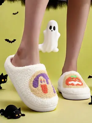 Women's Halloween Themed Colorblock Ghost & Pumpkin Pattern Slippers, Casual Soft Comfortable Home Slippers, Fashionable Slip...