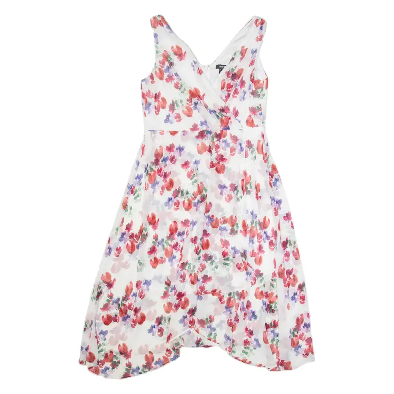 DKNY Womens A-Line Dress White Viscose Floral Sleeveless Midi M