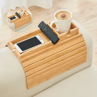 GEHE Bamboo Sofa & Couch Cup Holder Tray, Sofa Arm Tray Tbale, Arm Chair Table, Service Table for Drinks/Phones/Snacks Family...