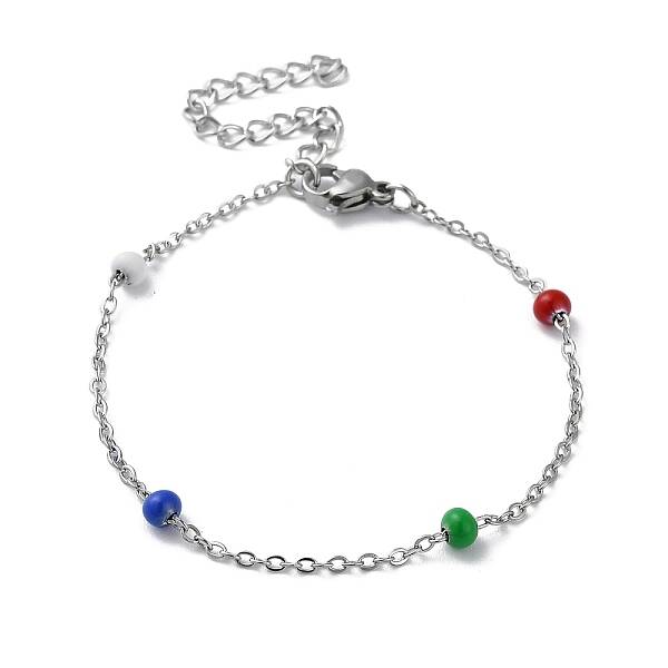 304 Stainless Steel Cable Chain Bracelet with Enamel Rondelle Beaded