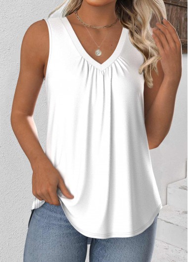 Modlily White Sleeveless V Neck Tank Top - L