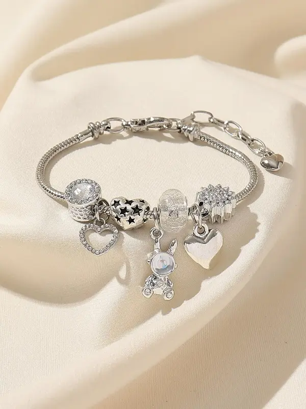 Fashion Trendy Heart Charm Bracelet As Gift for Girlfriend, Casual and Versatile Rhinestone Decorated Matching Jewelry for Lo...