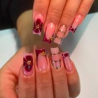 Flower Pattern Fake Nails, 24pcs/set French Style Medium Square Press on Nails for Women & Girls DIY Nail Art, Nail Supplies,...