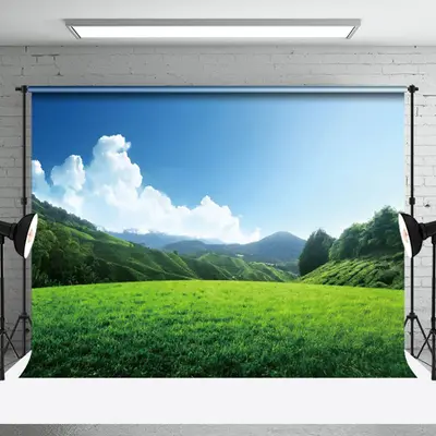 Aperturee Serene Green Meadow Distant Mountains Sky Backdrop | Best Background Photoshoot | Photo Studio Backdrop | Backdrop ...