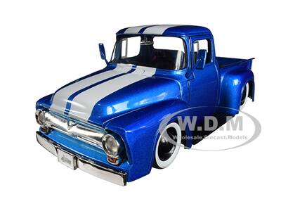 1956 Ford F-100 Pickup Truck Metallic Light Blue with White Stripes and Extra Wheels \
