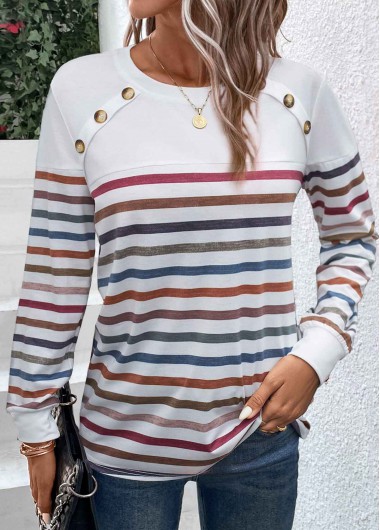 Modlily White Patchwork Striped Long Sleeve T Shirt - XXL
