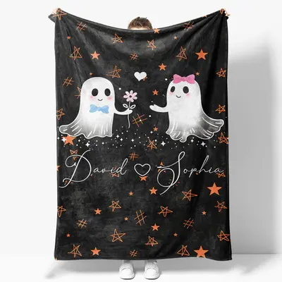 Cute Ghost Stars Black Halloween Custom Name Blanket