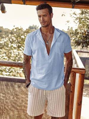 Linen Style Beach Button Shirts, Sky Blue / XXL