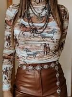 Women's Horse Print Cut Out Mock Neck Tee, Casual Long Sleeve Crop T-Shirt for Spring & Fall, Women's Top for Daily Wear, Tre...