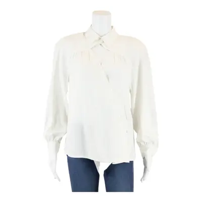 Keyhole Neck Button-Up Cream Collared Long Sleeve Womens M