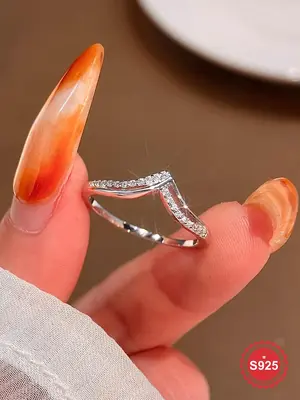 S925 Sterling Silver V-shaped Artificial Zircon Ring, Fashion Accessories for Women & Girls, Trendy All-match & Exquisite Jew...