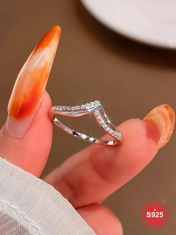 S925 Sterling Silver V-shaped Artificial Zircon Ring, Fashion Accessories for Women & Girls, Trendy All-match & Exquisite Jew...
