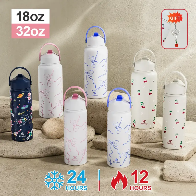 [Bonus keychain] KEWIXY 18oz&32oz Pink Bow Water Bottle, Cute Cherry, Flip Straw Lid, Stainless Steel, Leak Proof, 24-hour Co...