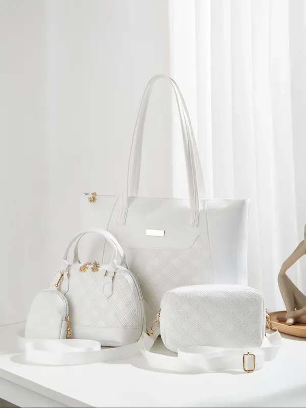 Women's Simple Plain Rhombus Embossed Women Bag Sets, Including Casual Versatile Handbag, Large Capacity Tote Bag, Travel Sho...