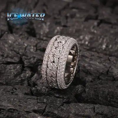 ICE WATER Men's Spinner Cubic Zirconia Ring, Hip Hop Punk Jewelry, Gifts