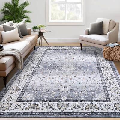 Garvee Washable Rugs 5x7 Rug Non Slip Vintage Boho Floral Gray Soft Faux Wool Low Pile Stain Resistant Carpet for Living Room...